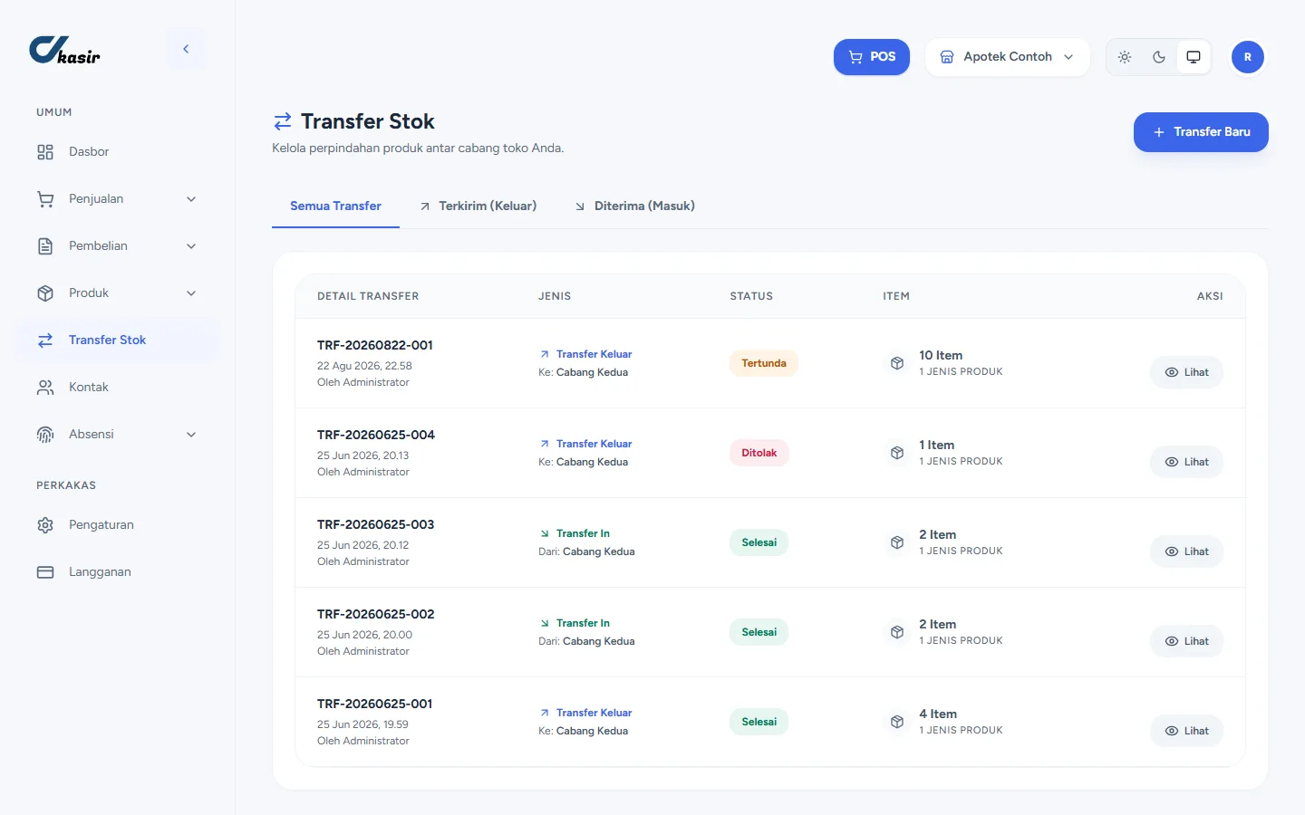 Layar Transfer Stok dKasir: daftar transfer antar cabang beserta nomor, arah kirim atau terima, status, dan jumlah itemnya.